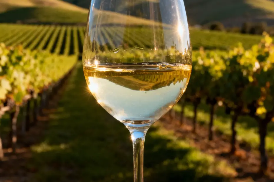 Copa de vino blanco con viñedos al fondo representando la industria vitivinícola