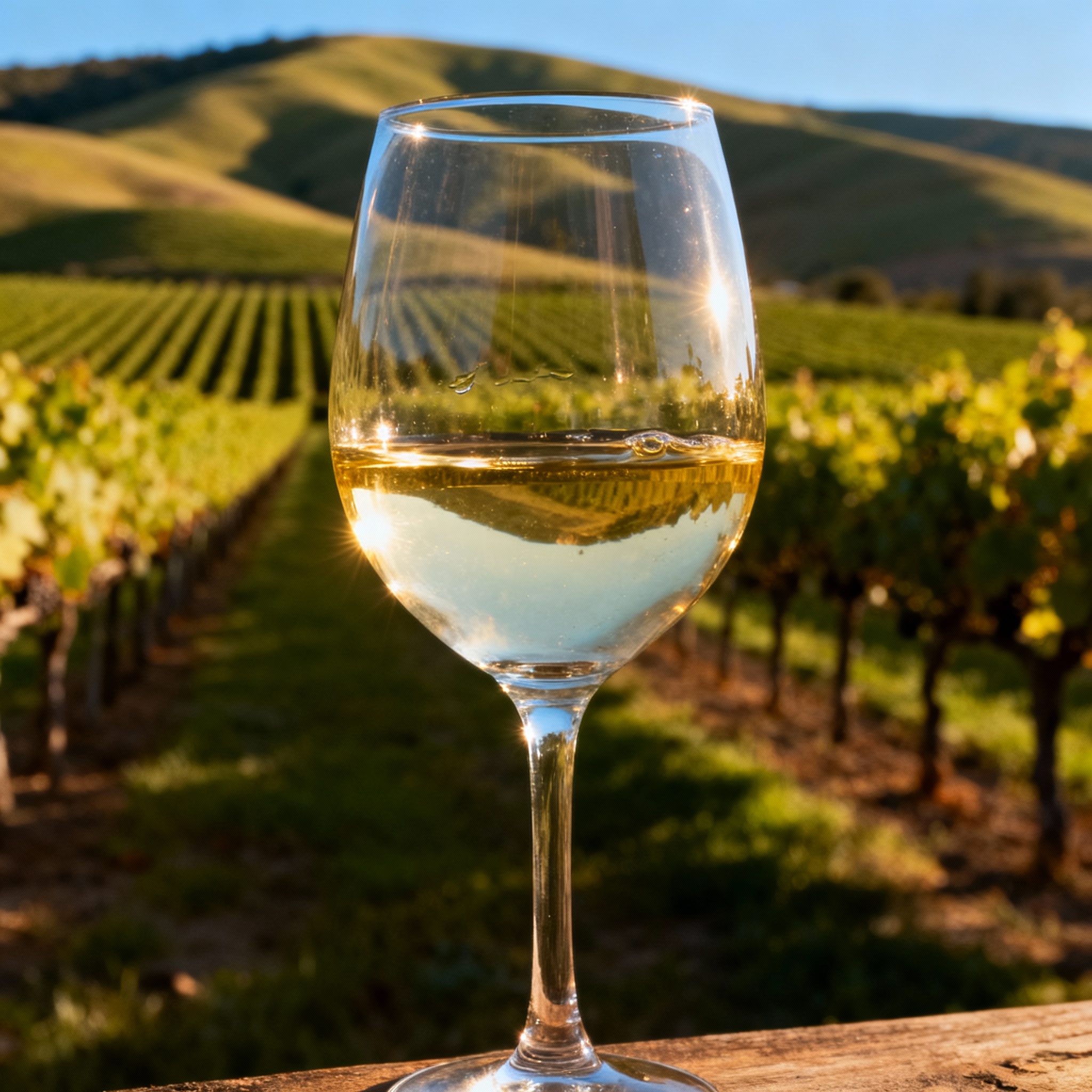 Copa de vino blanco con viñedos al fondo representando la industria vitivinícola